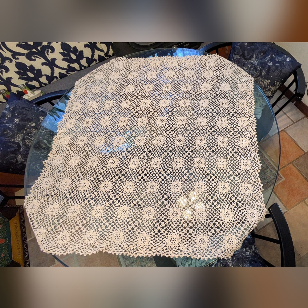 44" square Crochet Table dressing. Handmade.